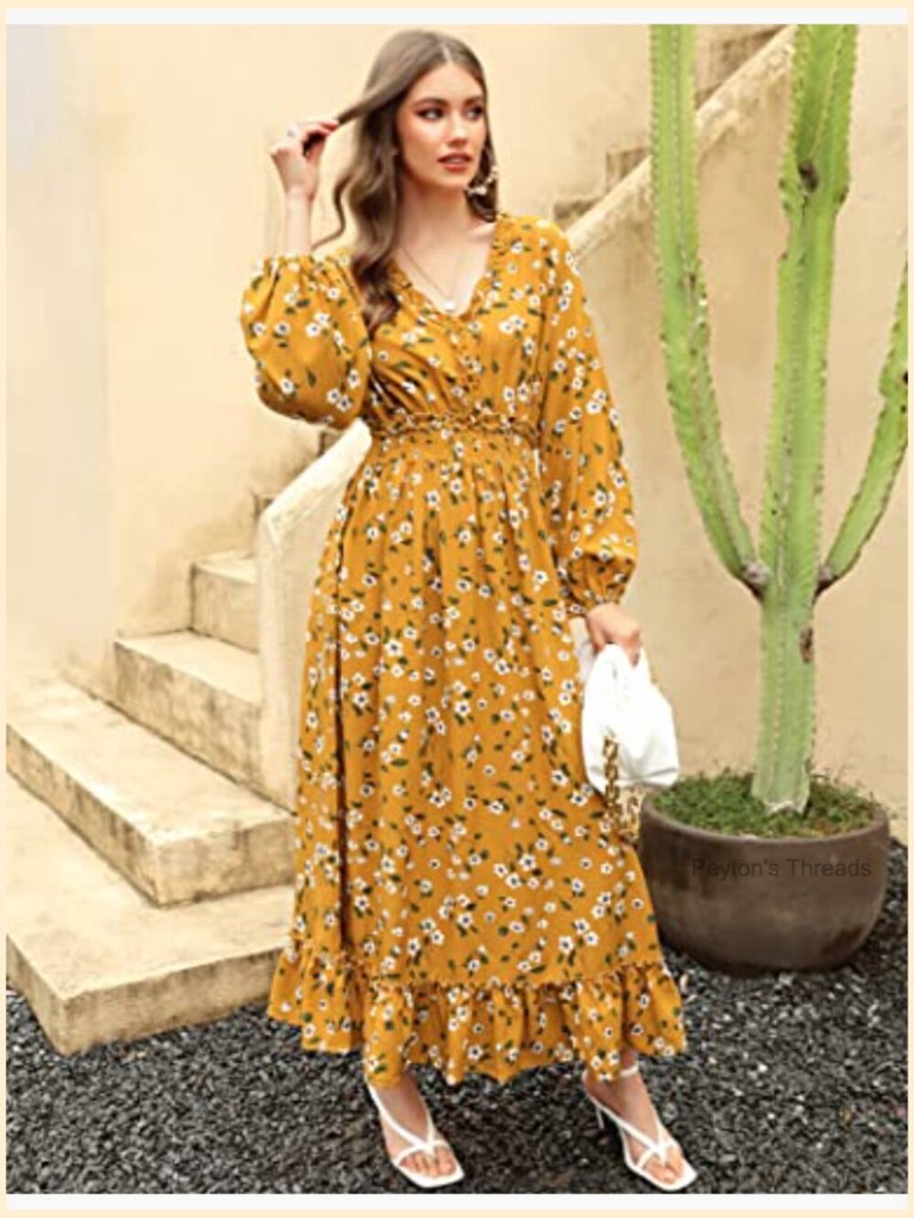V Neck Boho Floral Print Maxi Dress Wedding Guest Flowy Bohemian Long Sleeve - Picture 3 of 7